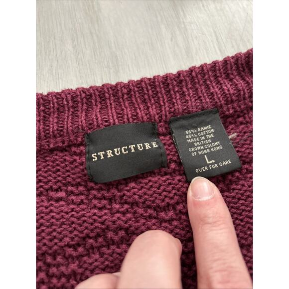 Vtg Structure Burgundy Cable Knit Fisherman Leather Buttons Cardigan Sz L 90s - Picture 3 of 10